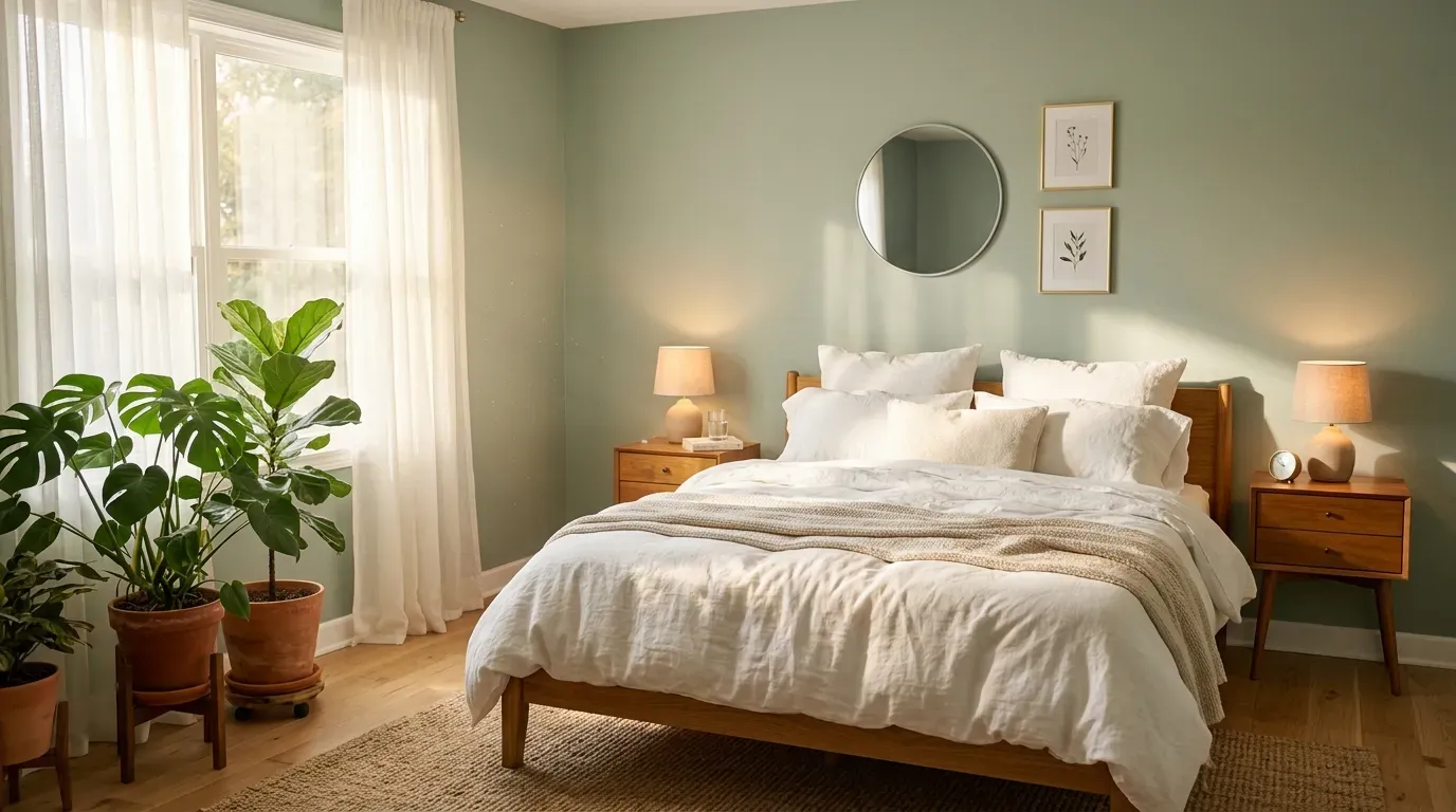 Cozy sage green bedroom with white bedding and warm natural sunlight