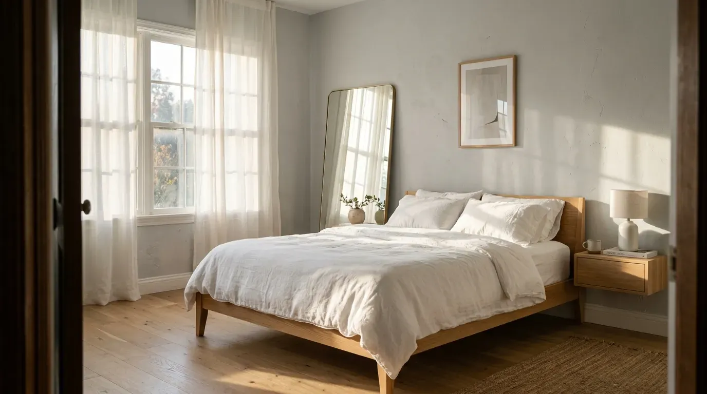 Sunlit minimalist bedroom with white linen, mirror, and oak floors creating airy calm