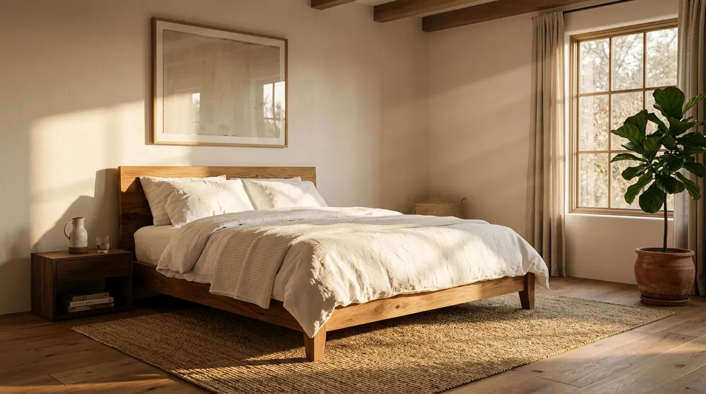 Sunlit bedroom with a handcrafted oak platform bed and warm natural textures