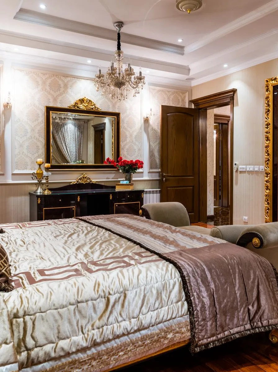 Large artwork hung above the bed