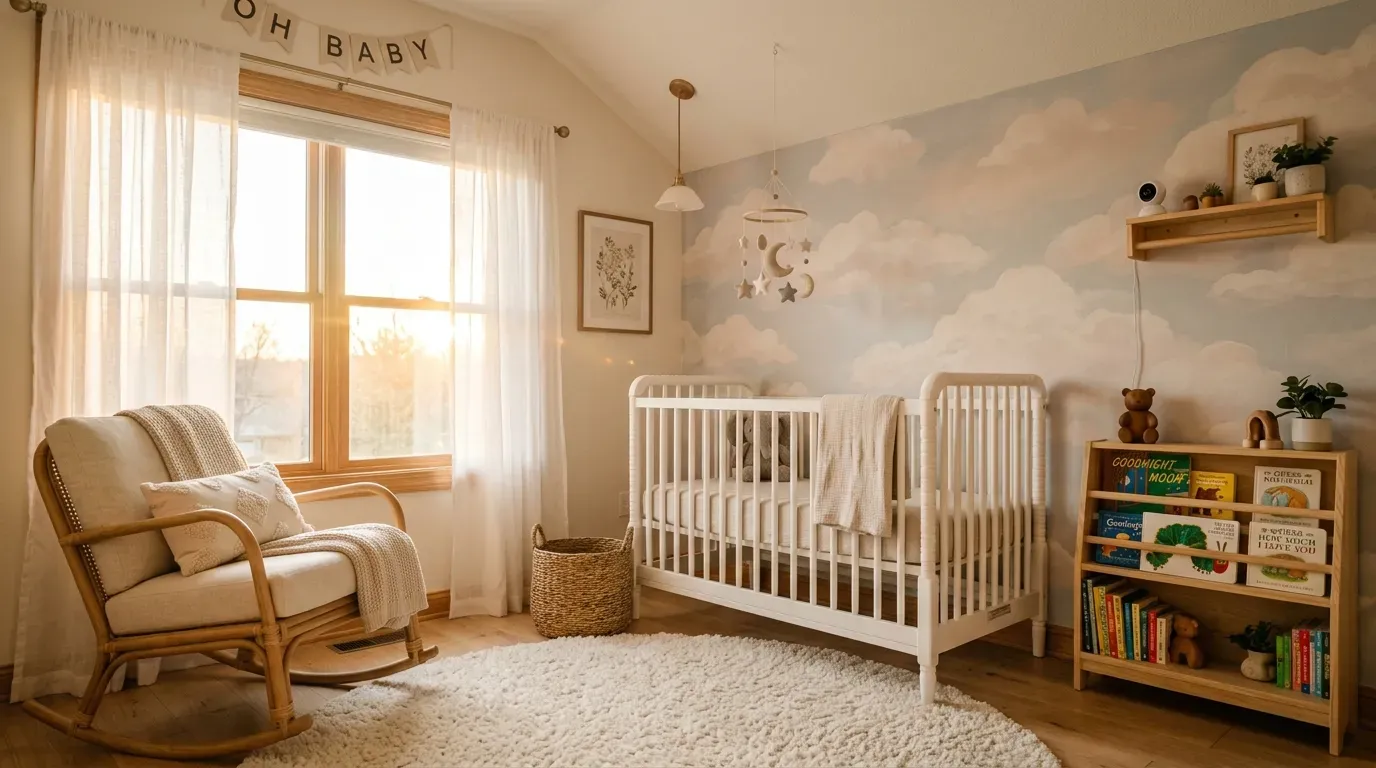 Softly lit nursery with white crib, rattan chair, pastel walls, and warm light