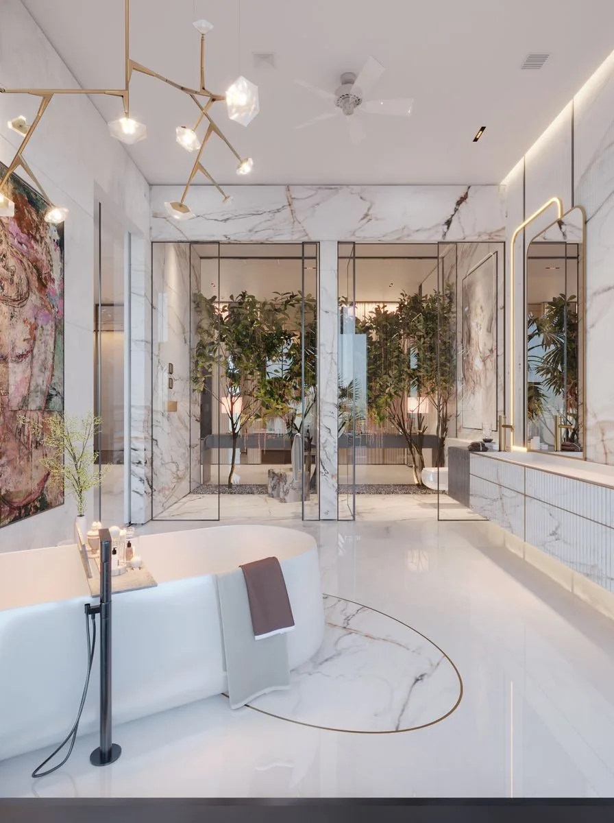 Eucalyptus bundle hanging from showerhead in steamy bathroom