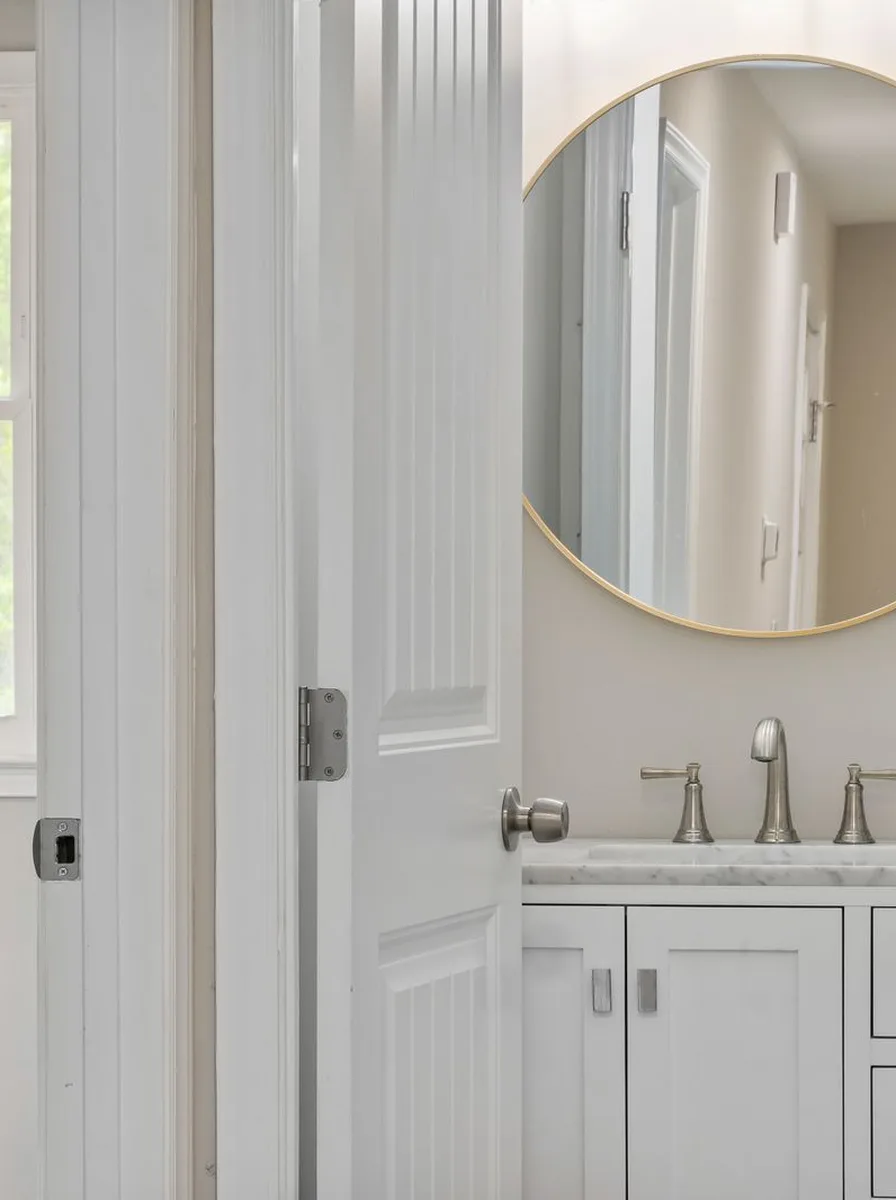 Rolling cart with shelves beside bathroom vanity