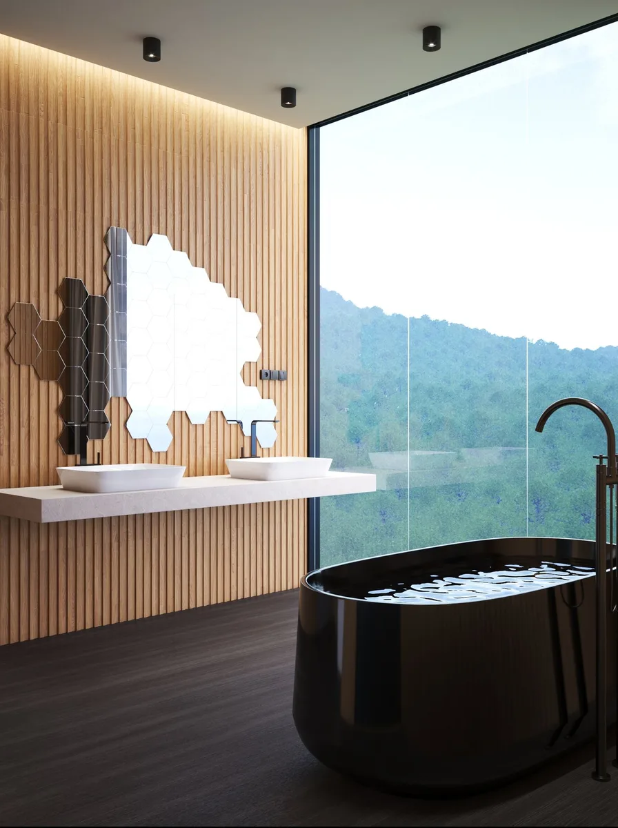 Fold down wall shelf in compact bathroom