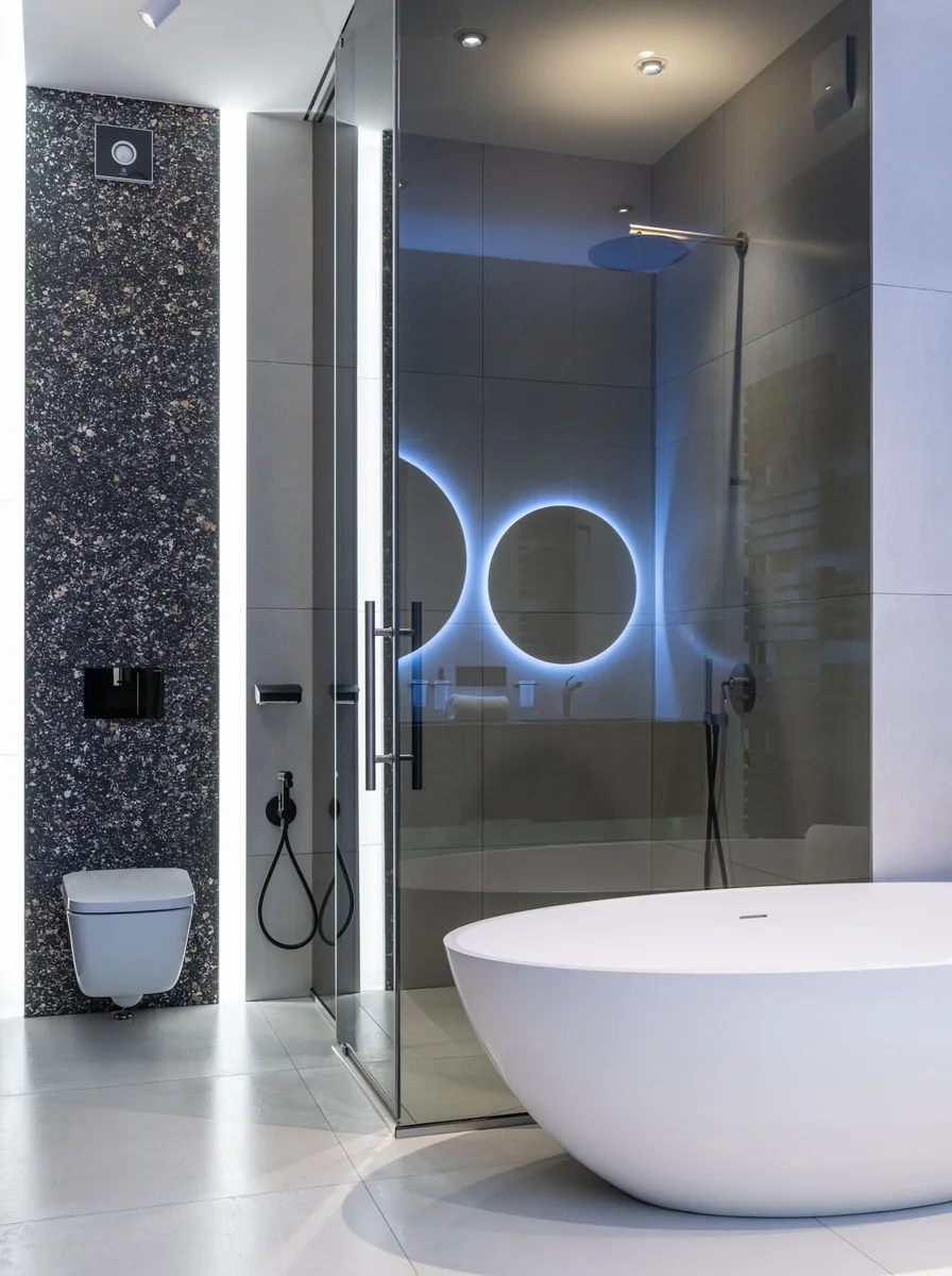 Wooden shelf above heated towel rail with decor