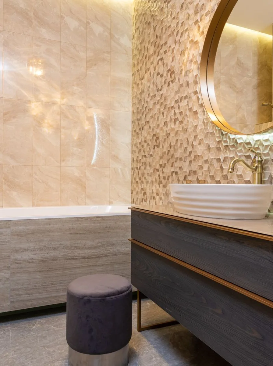 Rental bathroom styled with removable wallpaper and freestanding storage
