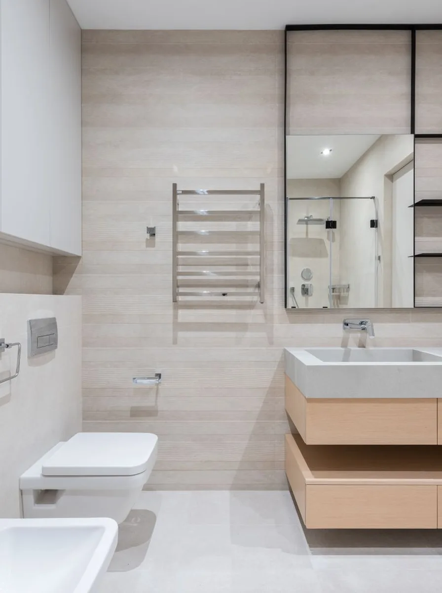 Bathroom backsplash with peel-and-stick tile stickers over existing tile