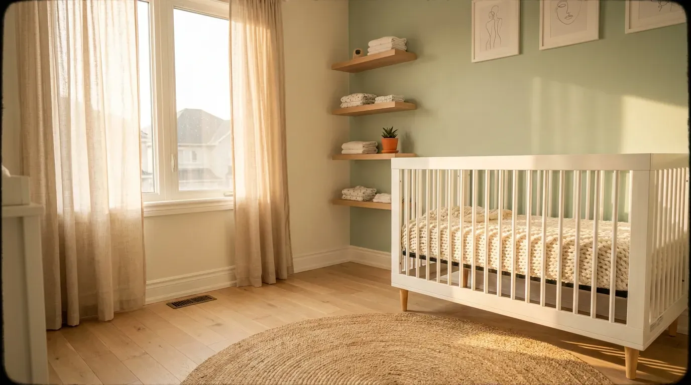 Bright cozy nursery with white crib, neutral bedding, woven rug, wooden shelves