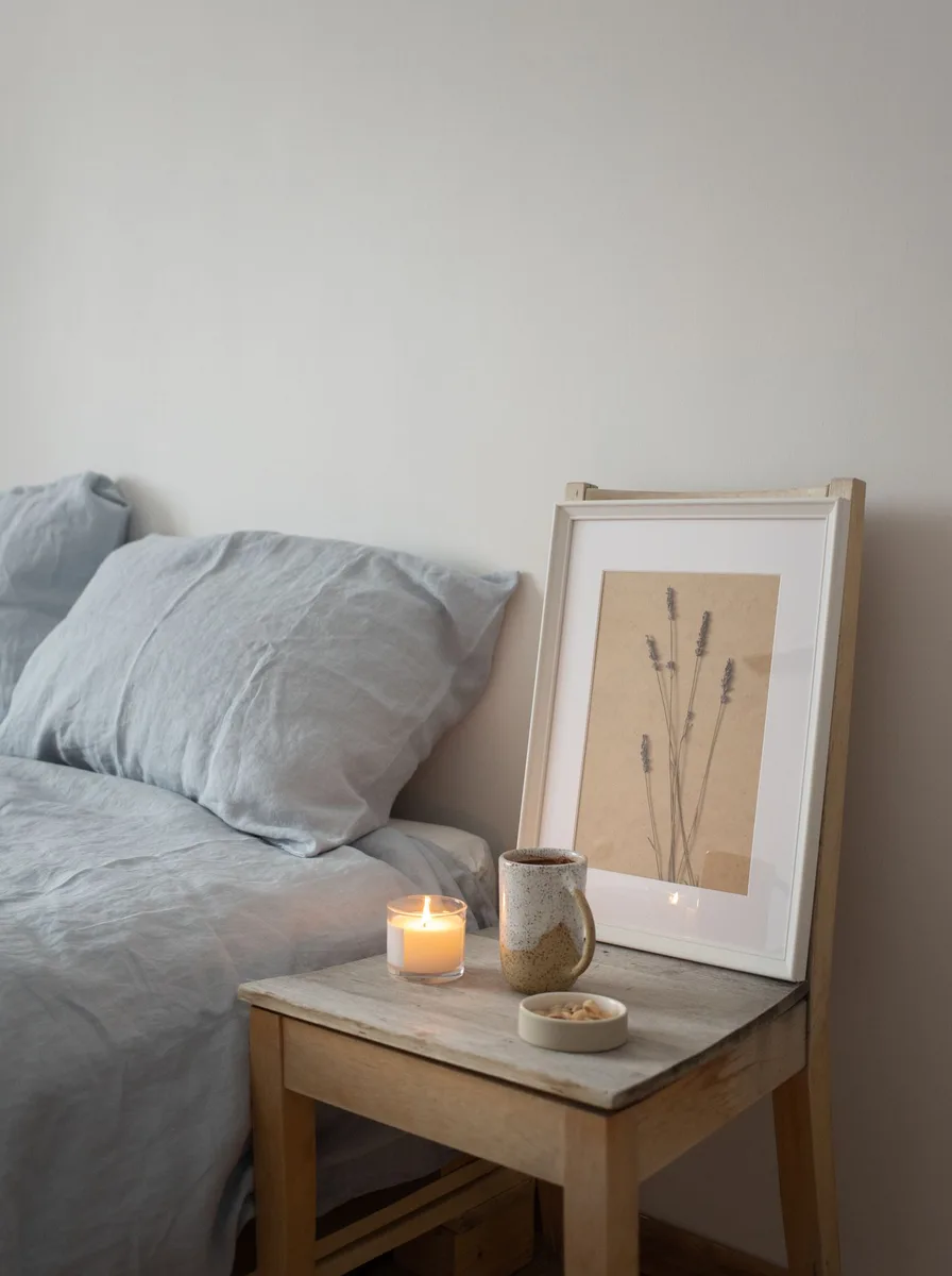 Affordable bedside styling with a candle, small plant, and framed art