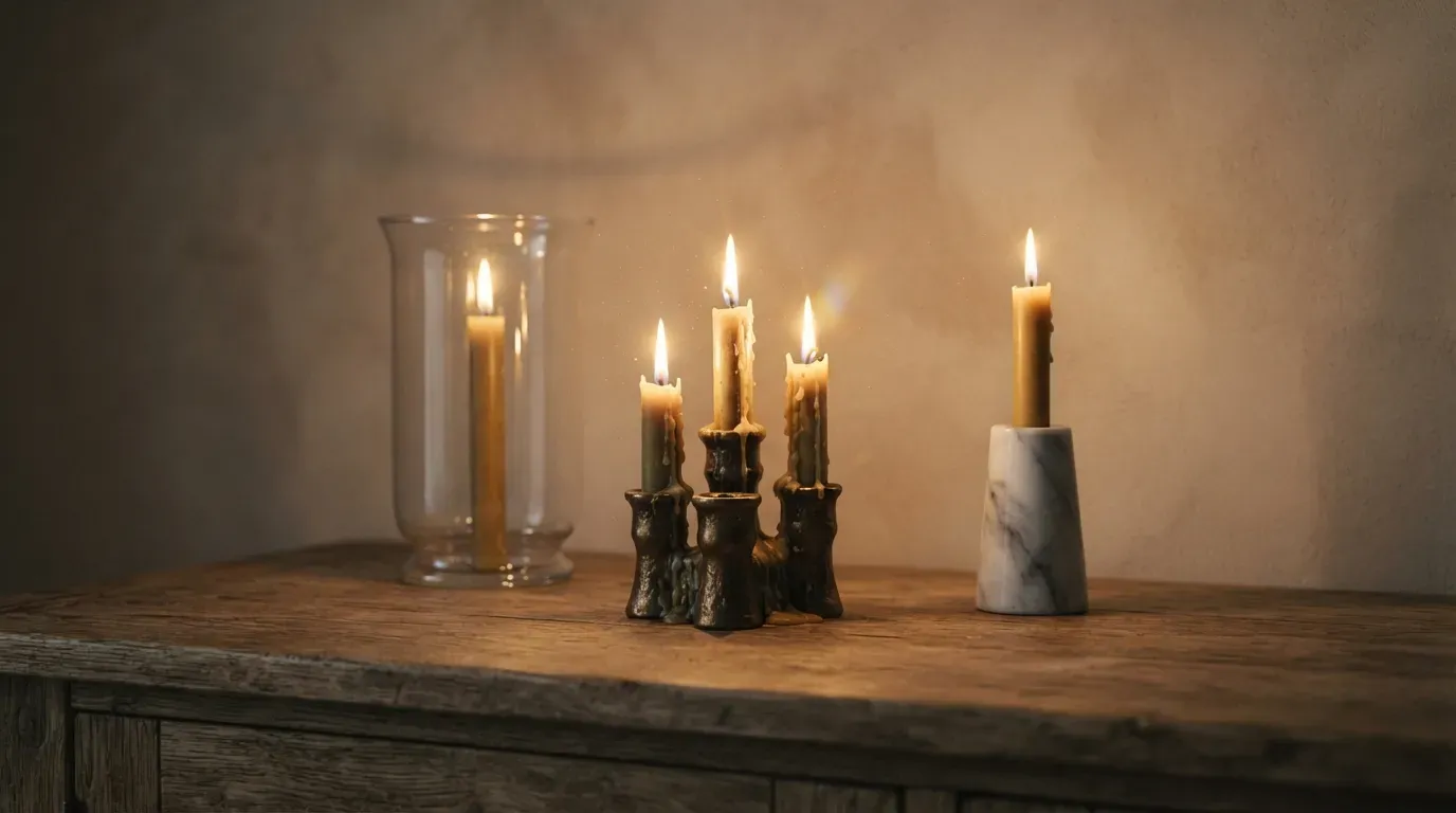 Elegant candle holder arrangement on rustic wooden sideboard with warm light