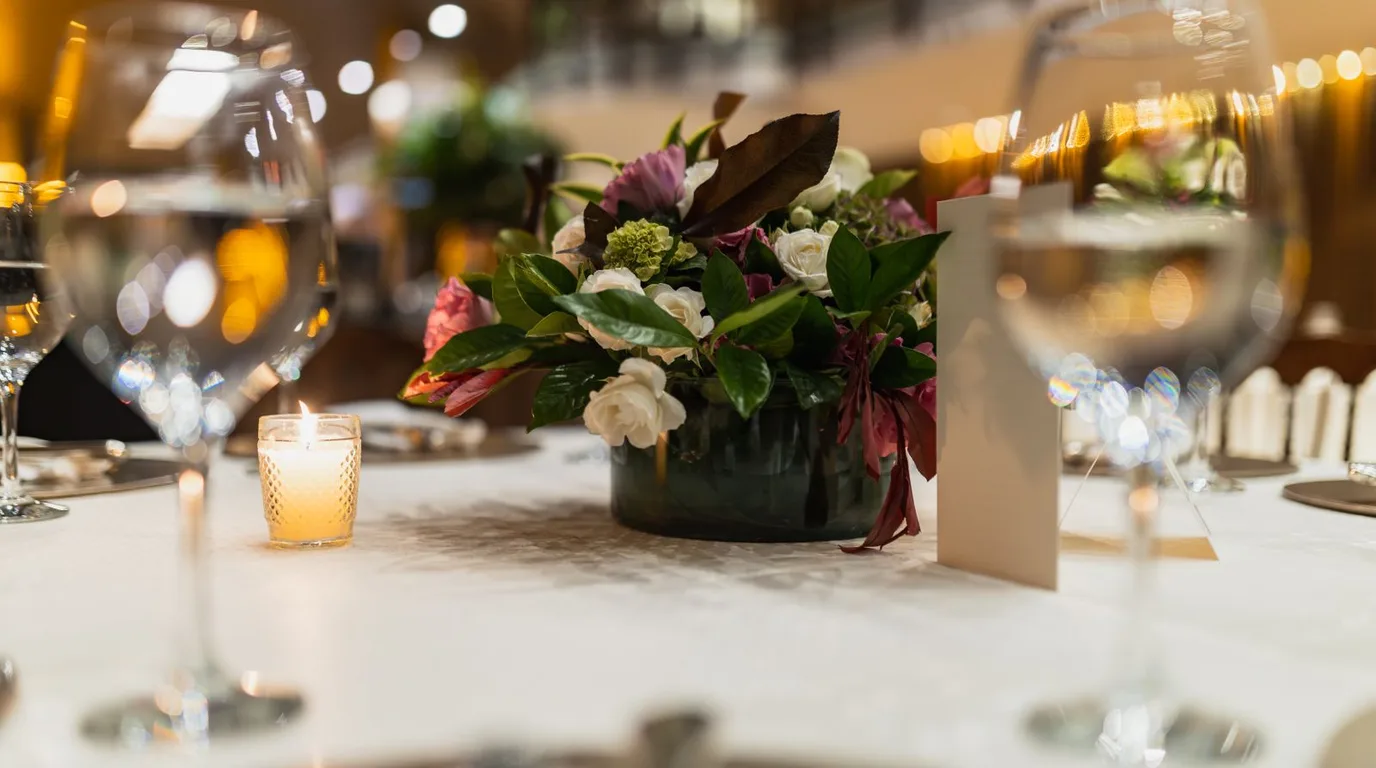 Stunning candle holder centerpiece on an elegant dining table