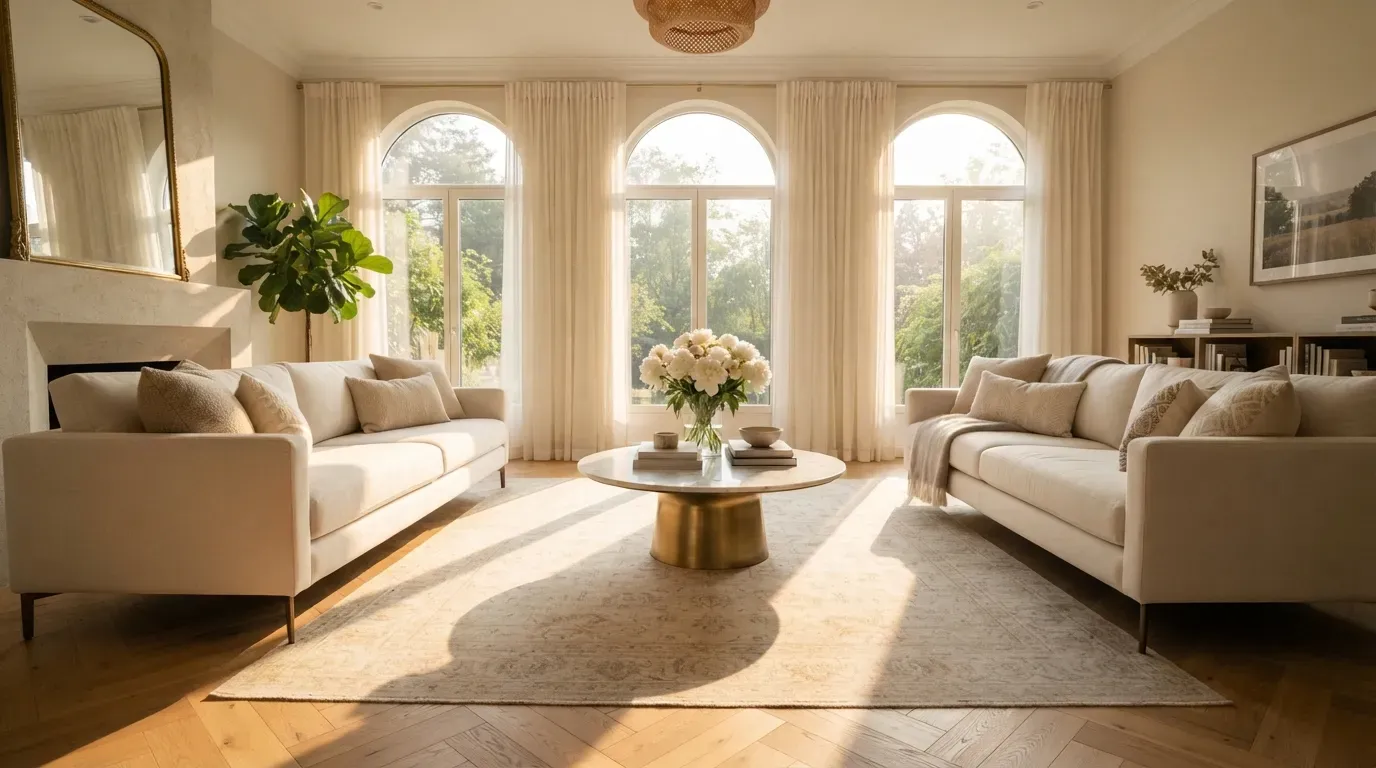 Sun-drenched classy living room with cream sofas marble table and arched windows