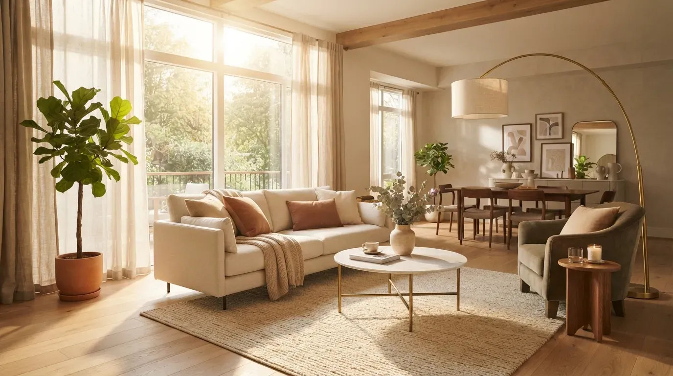 Bright elegant living room with neutral palette and natural sunlight streaming in