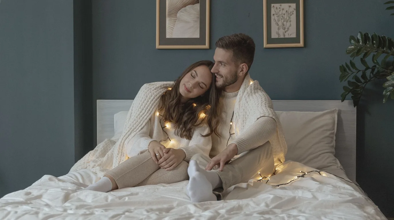 Couple relaxing on a cozy bed wrapped in fairy lights in a warm bedroom