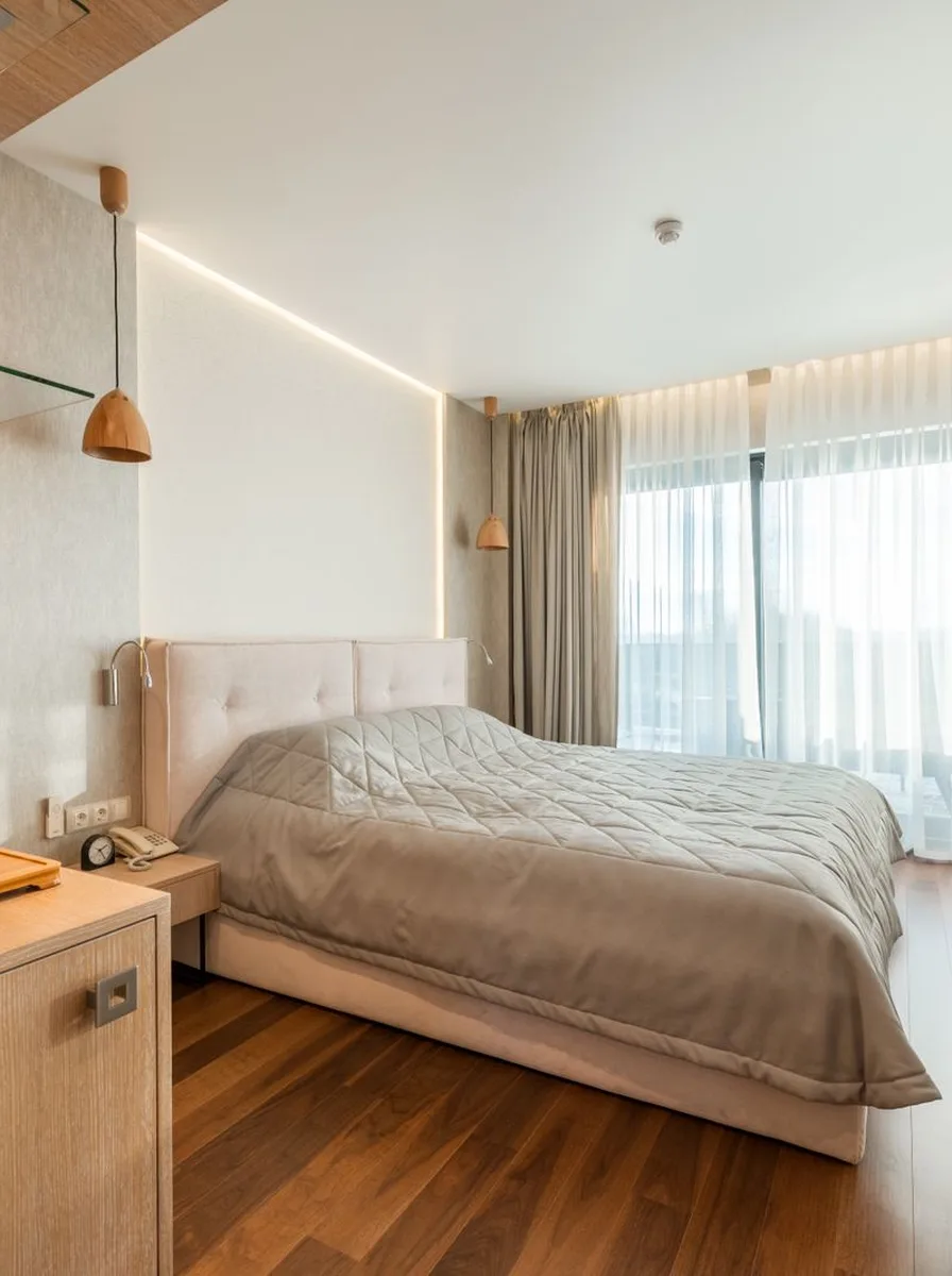 Warm cozy bedroom with wooden floor