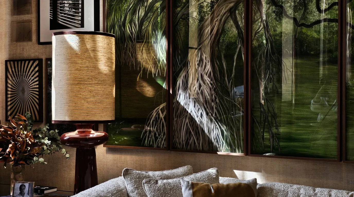 Cozy living room with large windows overlooking a garden, warm table lamp and comfortable sofa