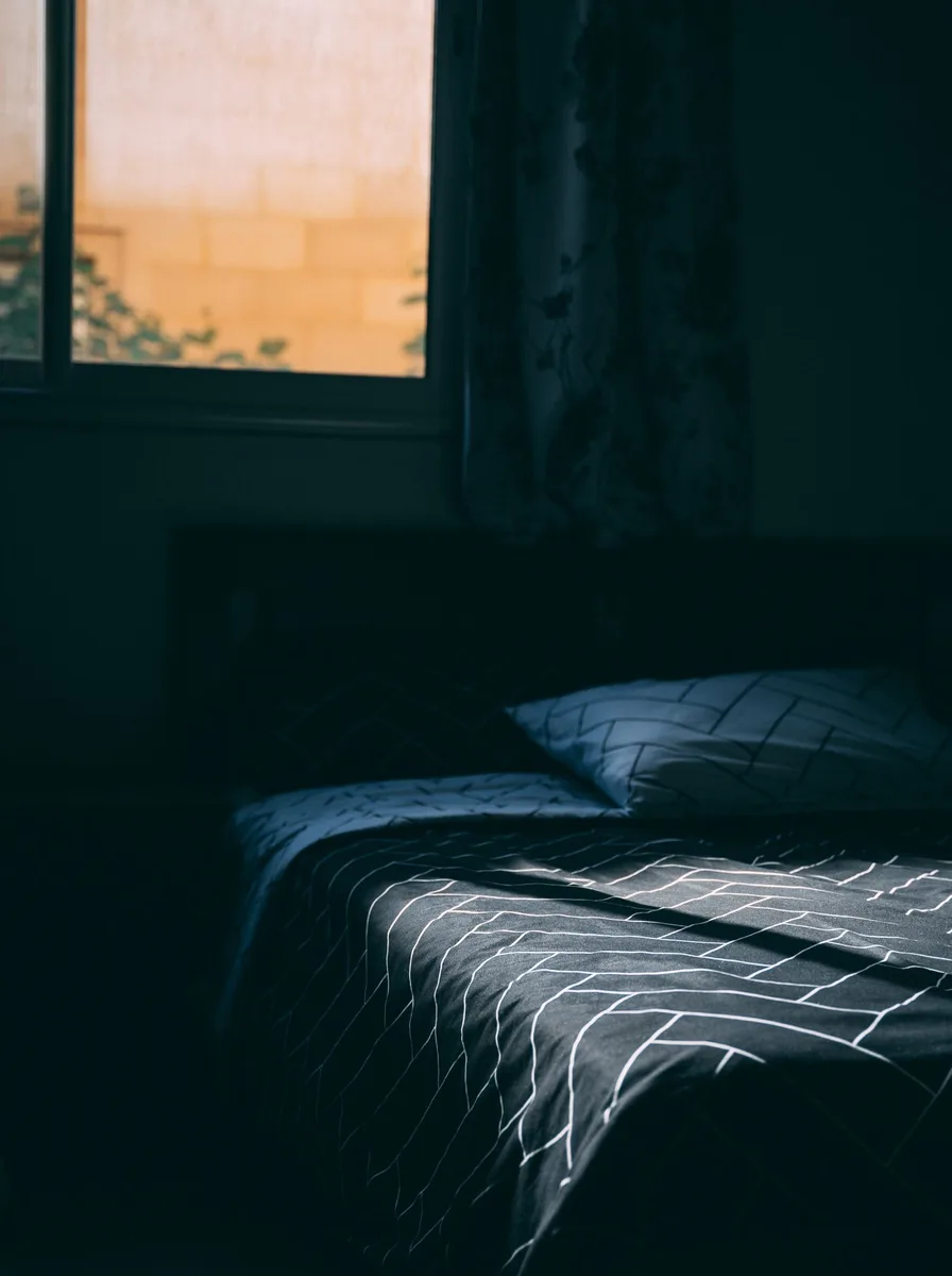 Dark teal bedroom at dusk