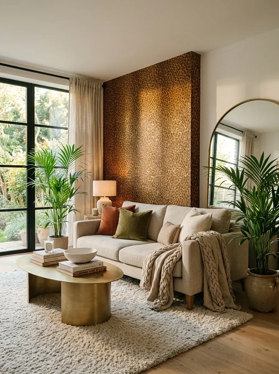 Stylish modern living room with leopard feature wall and affordable designer accents