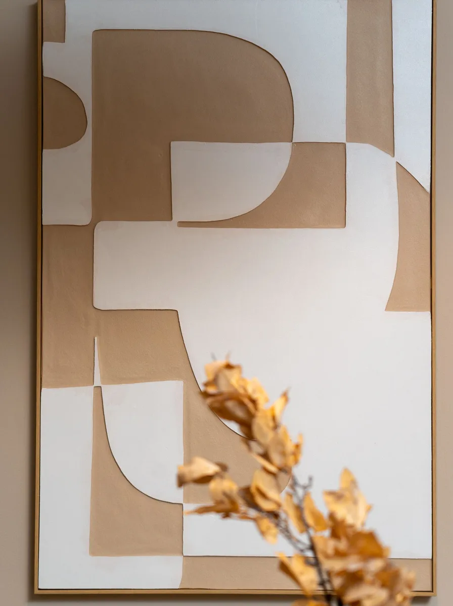 Beige and cream arched abstract canvas with dried flowers in front