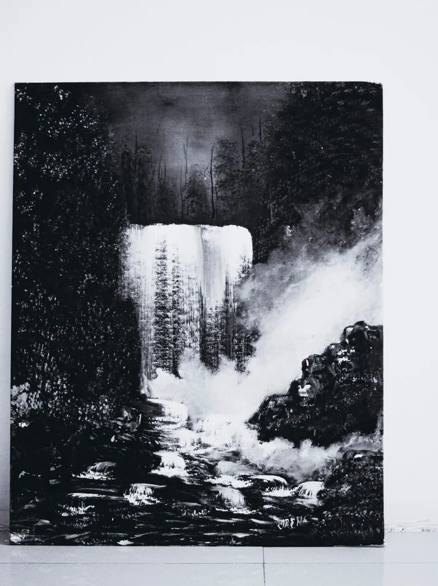 Black and white waterfall and forest photograph printed on canvas
