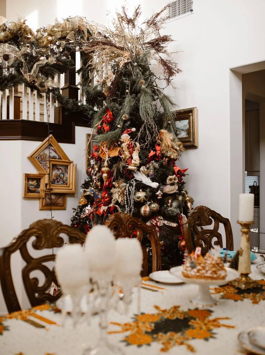 Dining table with a decorated Christmas tree