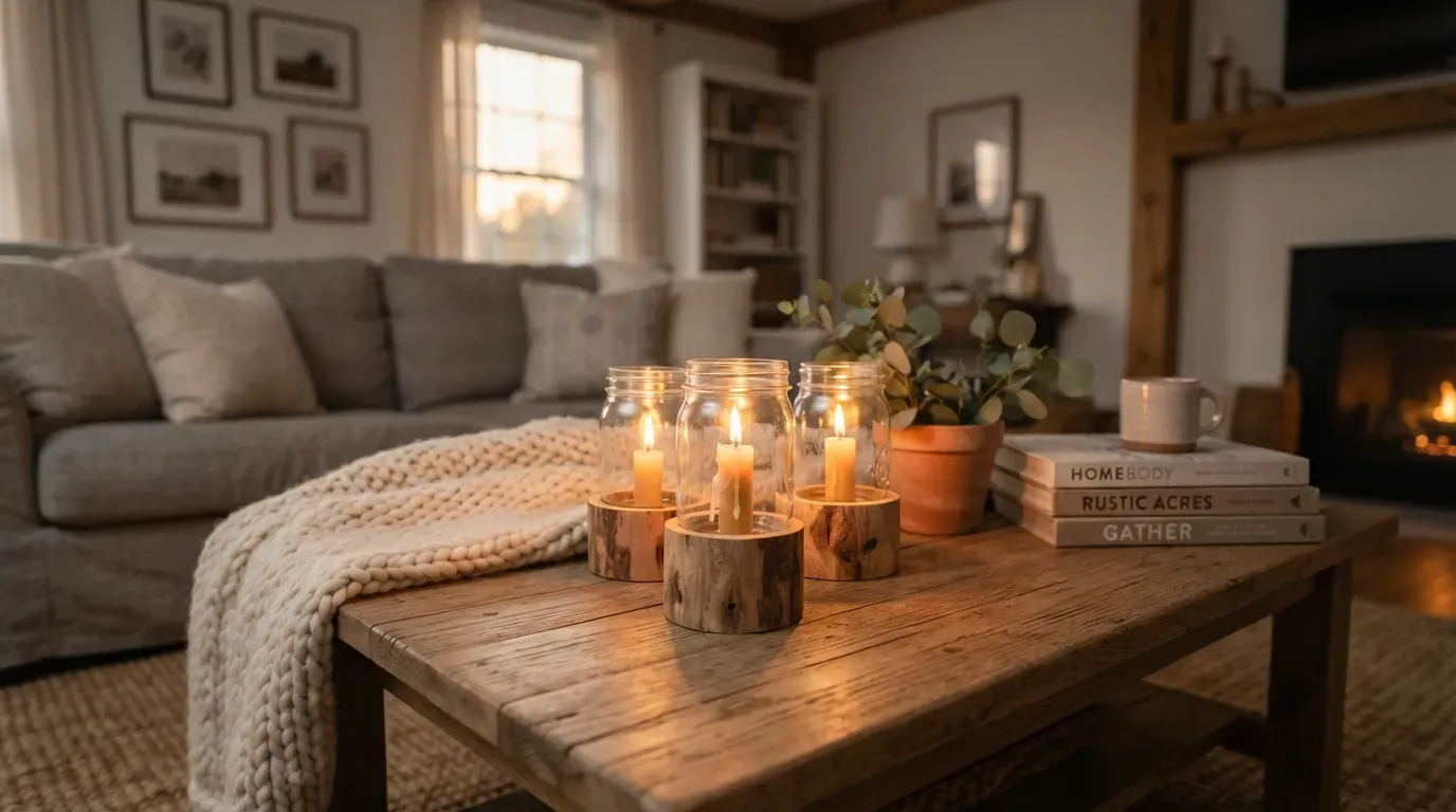 Handmade DIY candle holders glowing warmly on a wooden coffee table at home