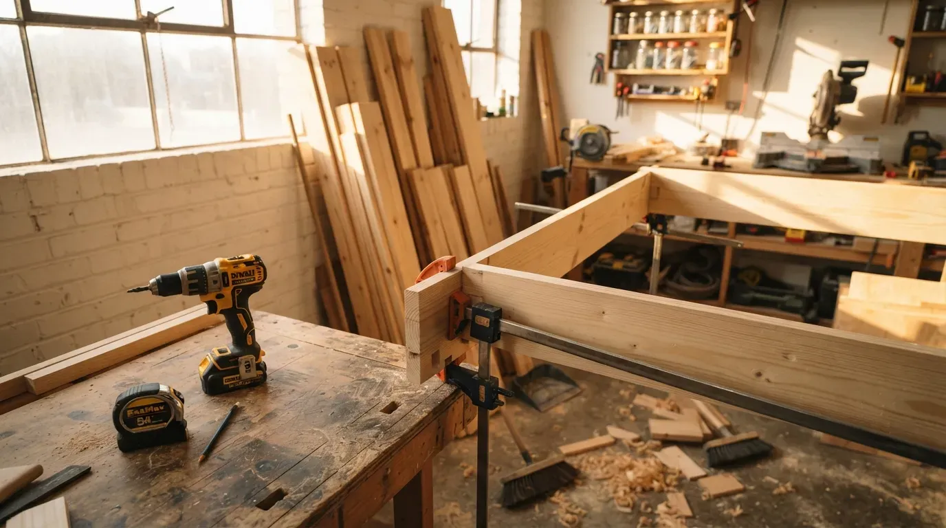 A cozy workshop with wooden boards, tools, and a partially assembled bed frame