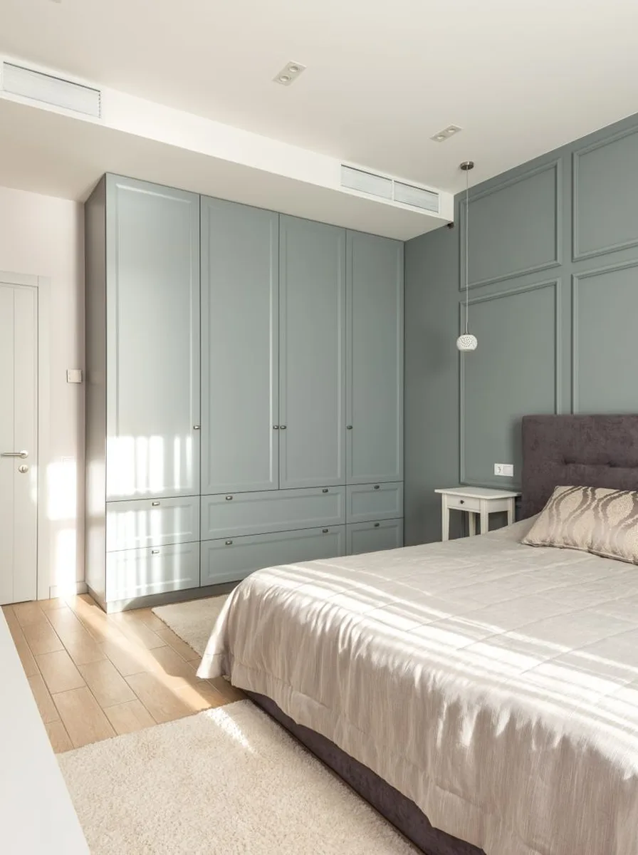 Bedroom with sage green panelled wardrobe wall