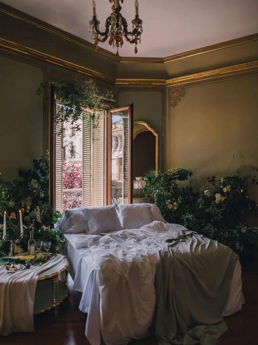 Bed dressed in fine stonewashed linen bedding