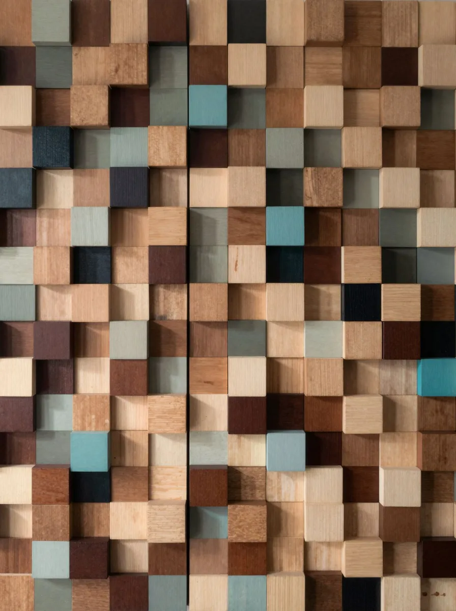 Mosaic feature wall of small wooden cubes in natural and teal tones