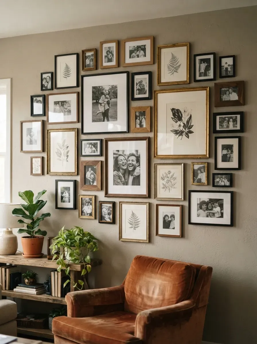 Asymmetrical gallery wall with mismatched frames displaying photos and prints
