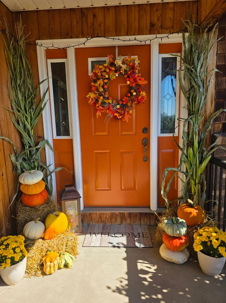 Painted White Pumpkin Display Halloween door decoration