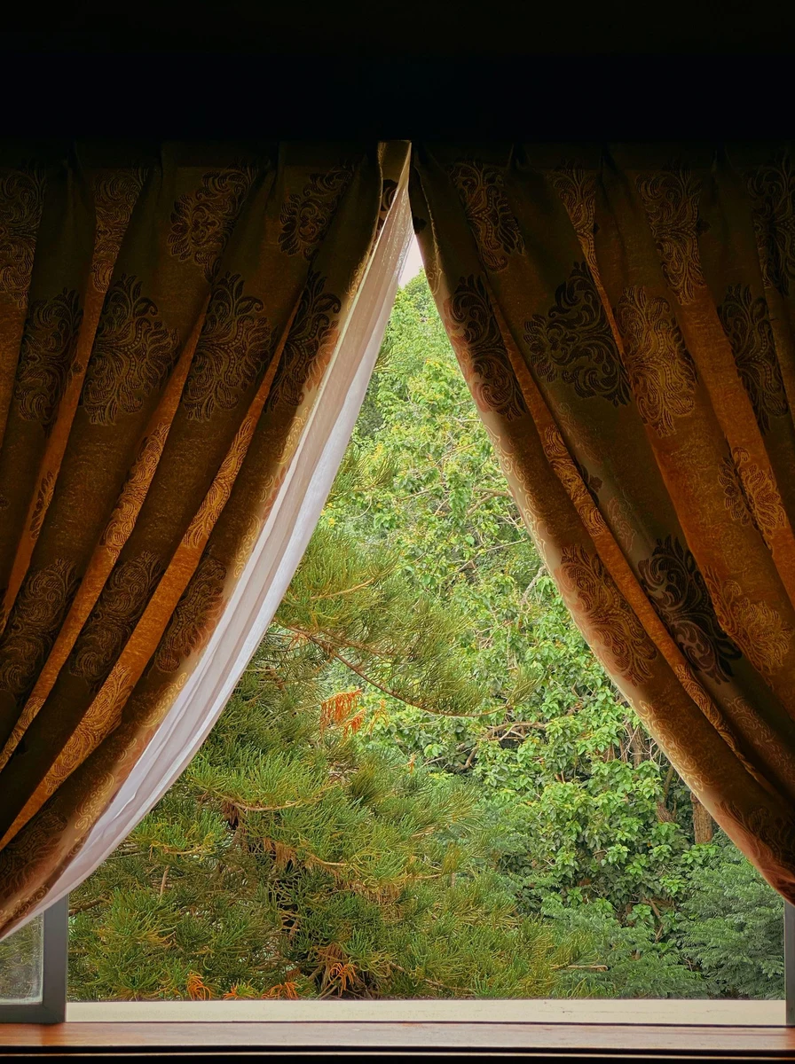 Patterned curtains adding personality to a kitchen window