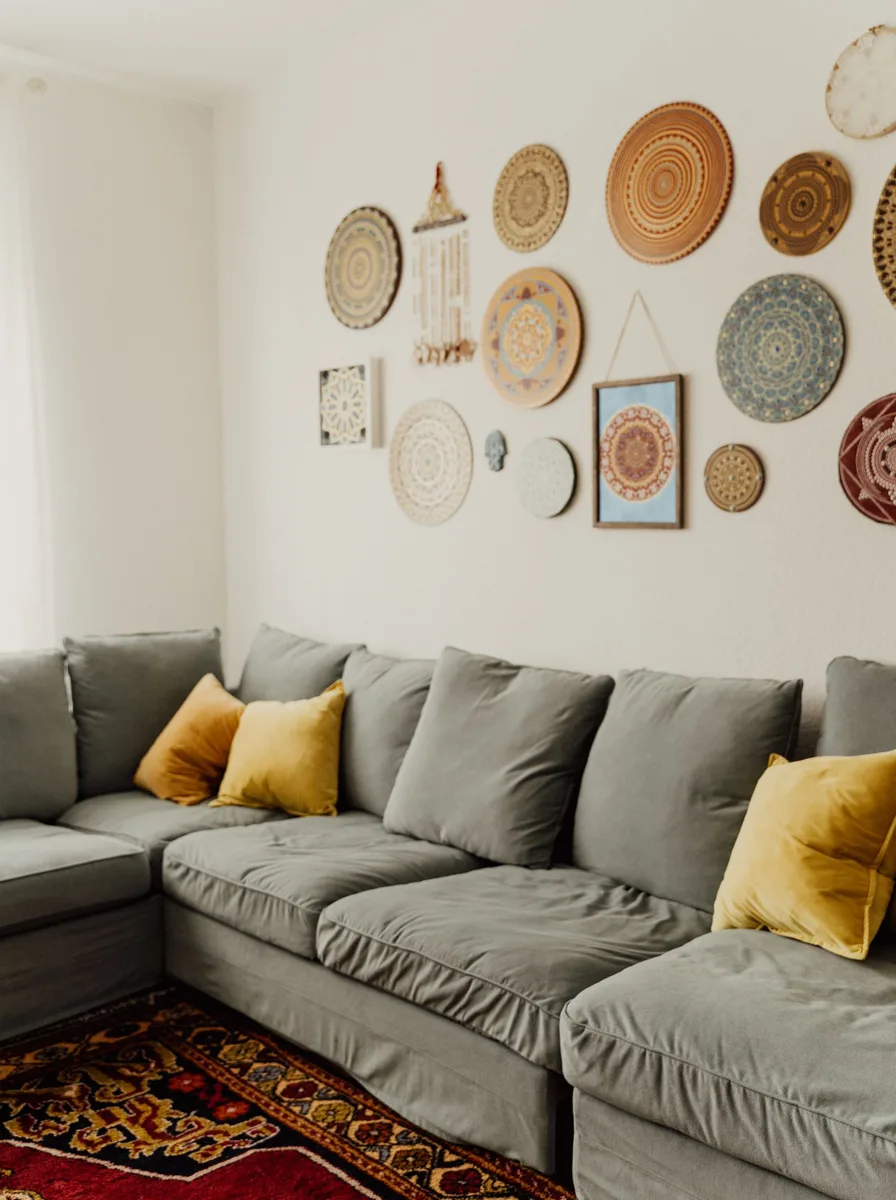 Woven basket and plate wall decor above a grey sofa
