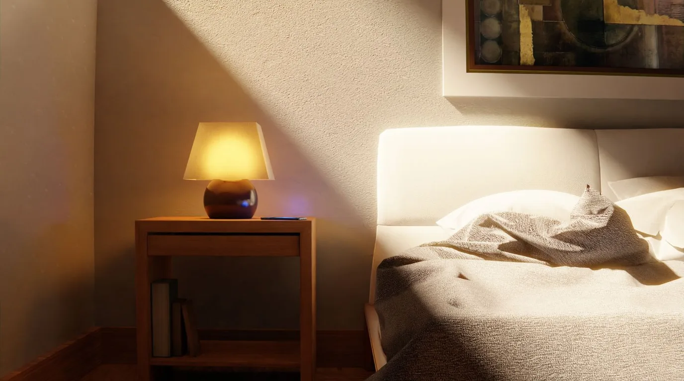 Bright bedroom with warm bedside lamp