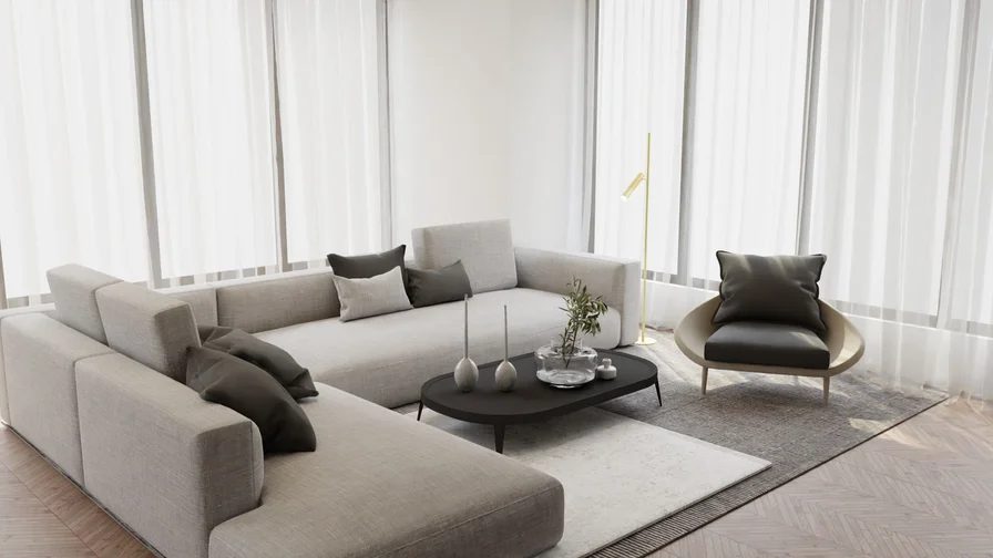 Luxurious living room with velvet sofa, gold accents, and elegant chandelier styled on a budget