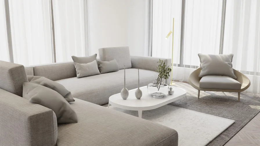 Minimalist luxury living room with clean lines, beige sofa and uncluttered calm space