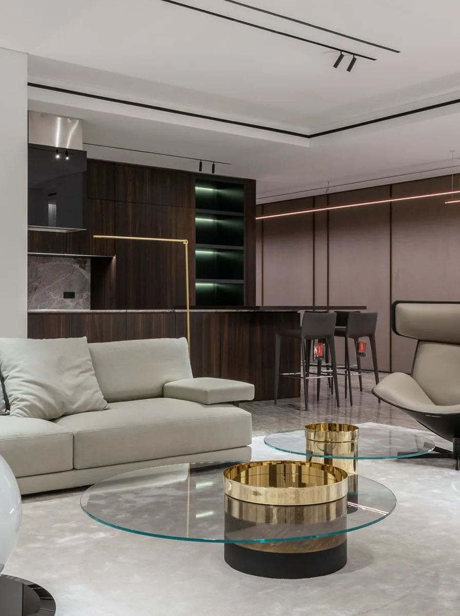 Luxurious black and white living room with black lacquer sideboard