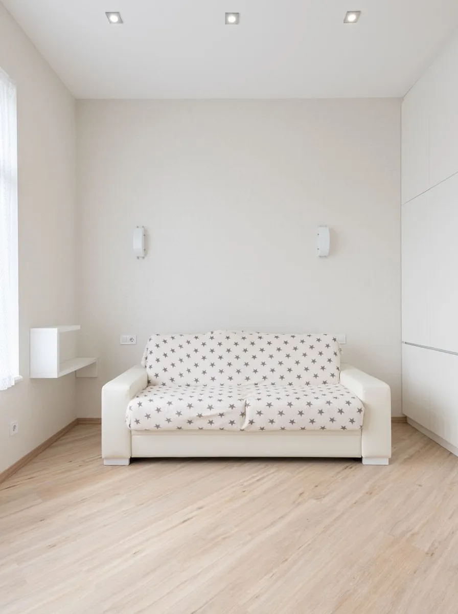 Contemporary living room with bright white walls and clean furniture