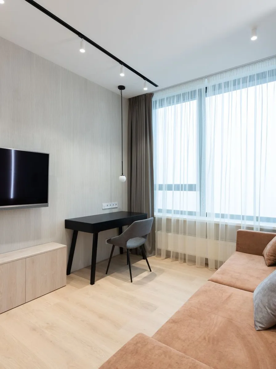 Contemporary living room with sleek media wall and hidden storage