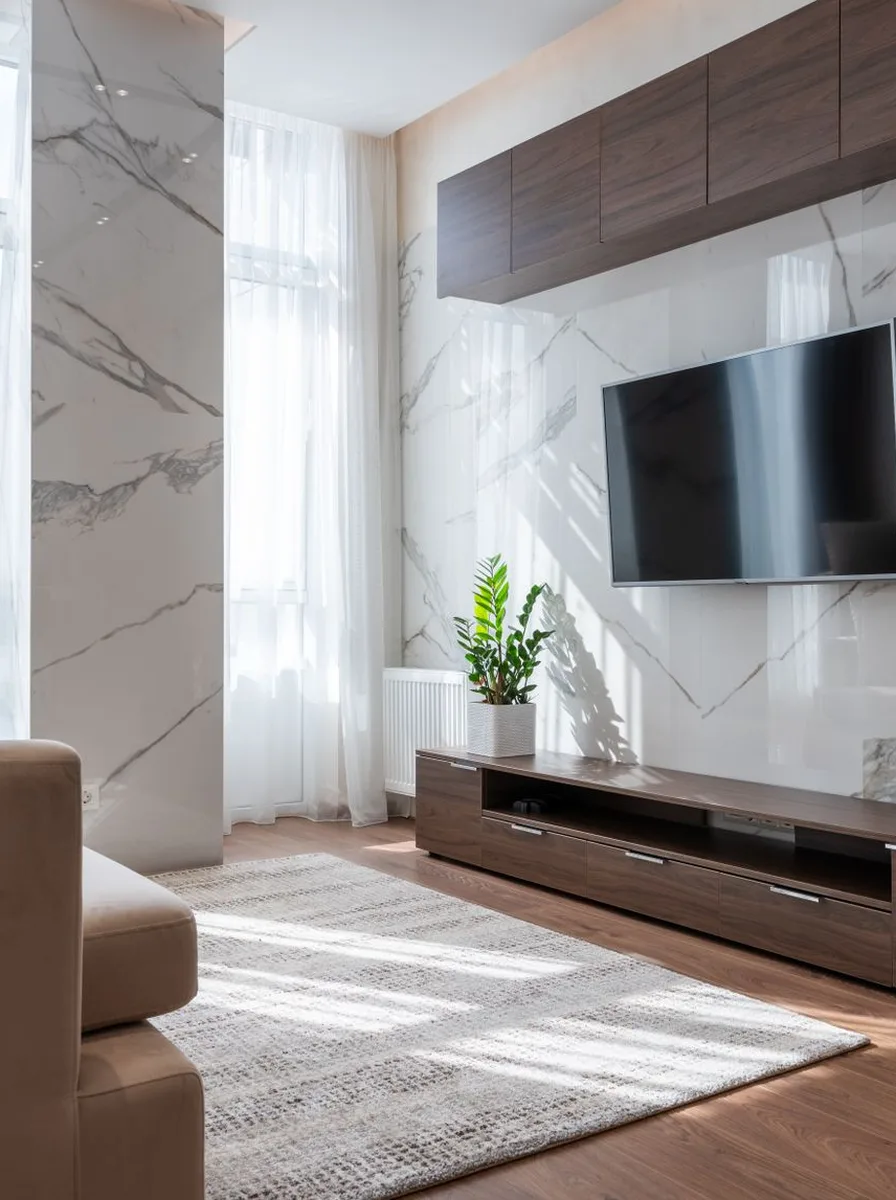 Contemporary TV wall with backlit display shelves