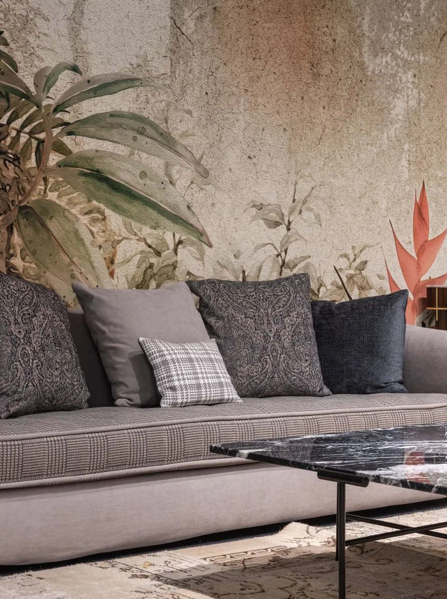 Contemporary living room anchored by a marble coffee table