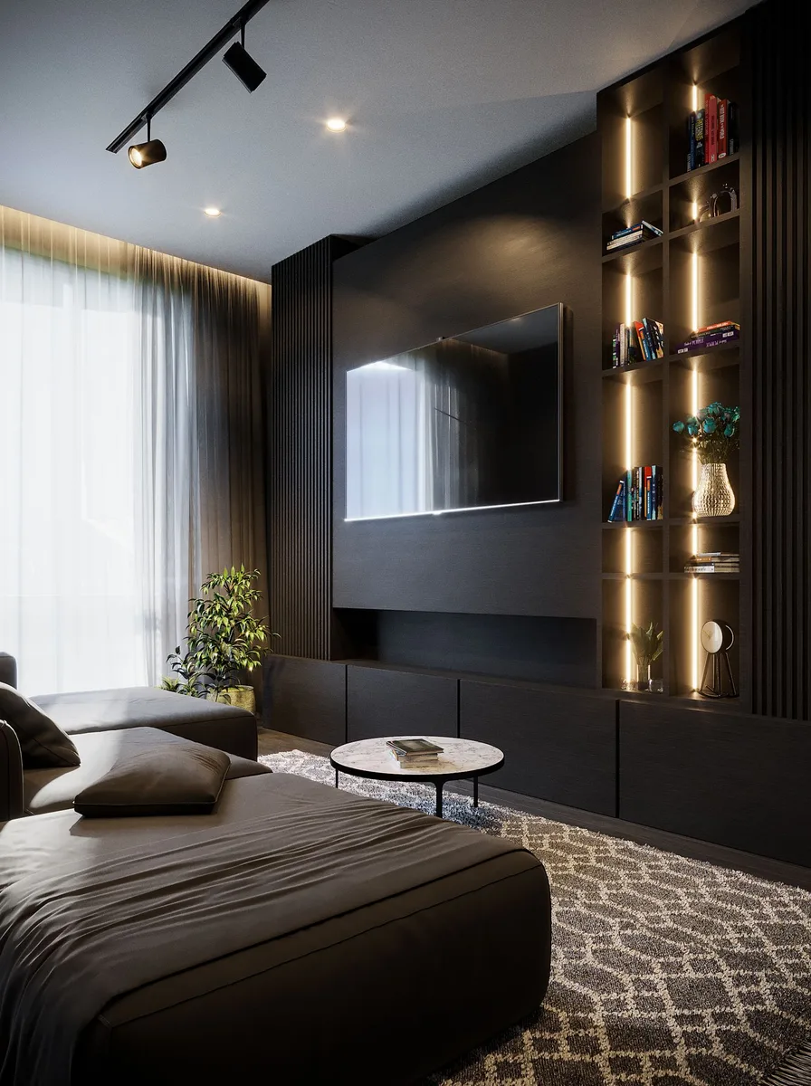 Elegant living room with a television framed by symmetrical built-in shelving