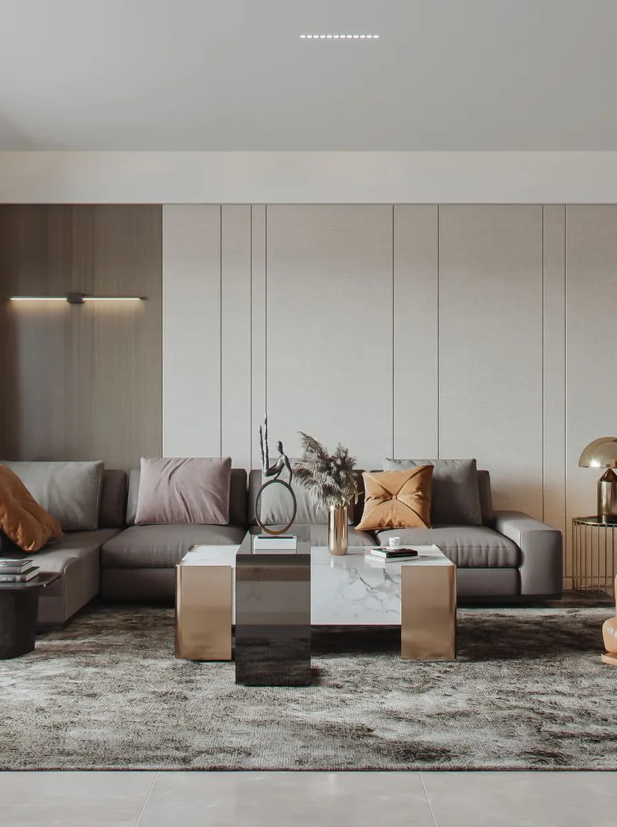 Elegant living room centered on a round marble coffee table