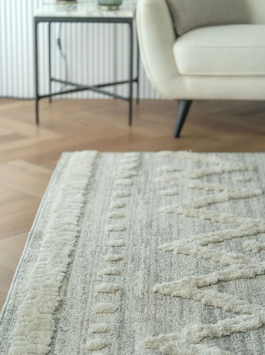 Luxury living room with a patterned rug layered over a large natural jute rug