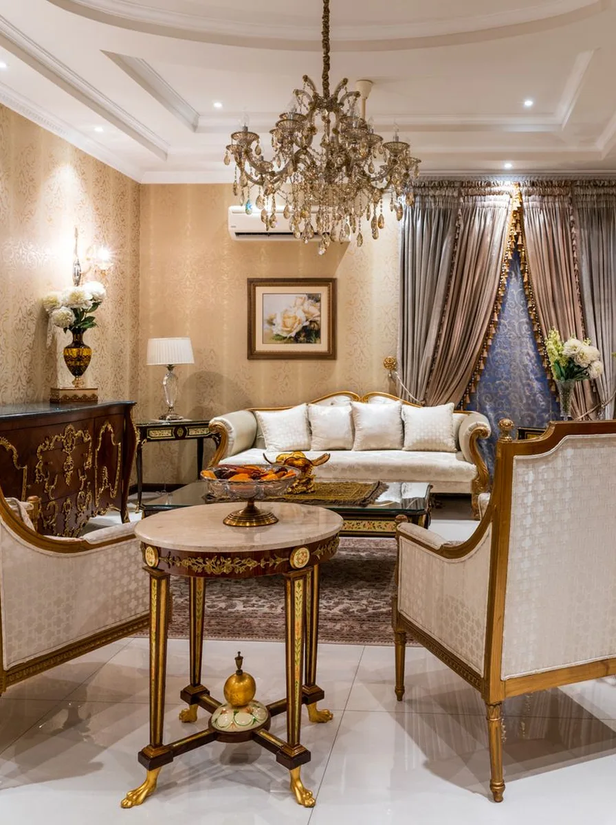 Luxury living room with a grand-scale chandelier proportioned to the room