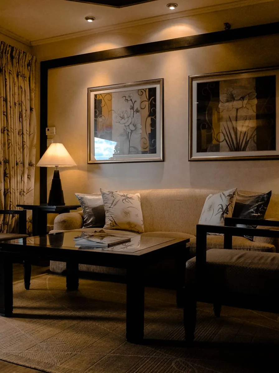 Hotel lobby style luxury living room with arranged seating groups