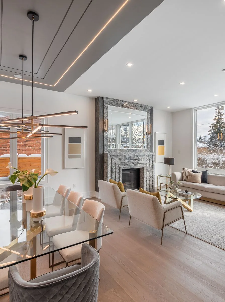 Luxury living room with polished brass details and gleaming surfaces