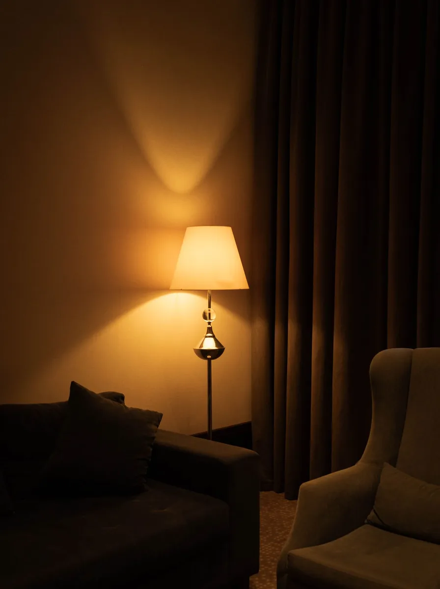 Luxury living room with an unexpected lamp glowing on a bookshelf