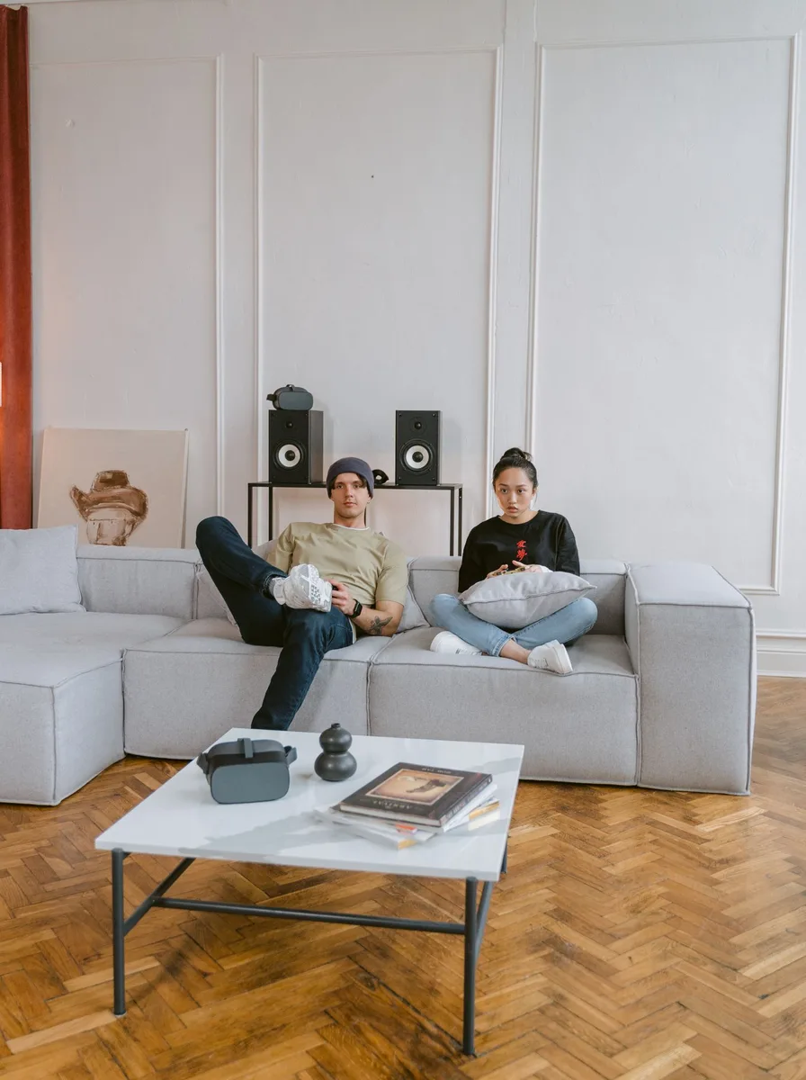 Minimalist living room with a marble side table as the star
